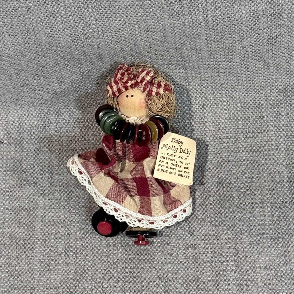 NeePree Designs Baby Molly Dolly Primitive Button Shelf Sitter Burgundy Gingham - Picture 5 of 5